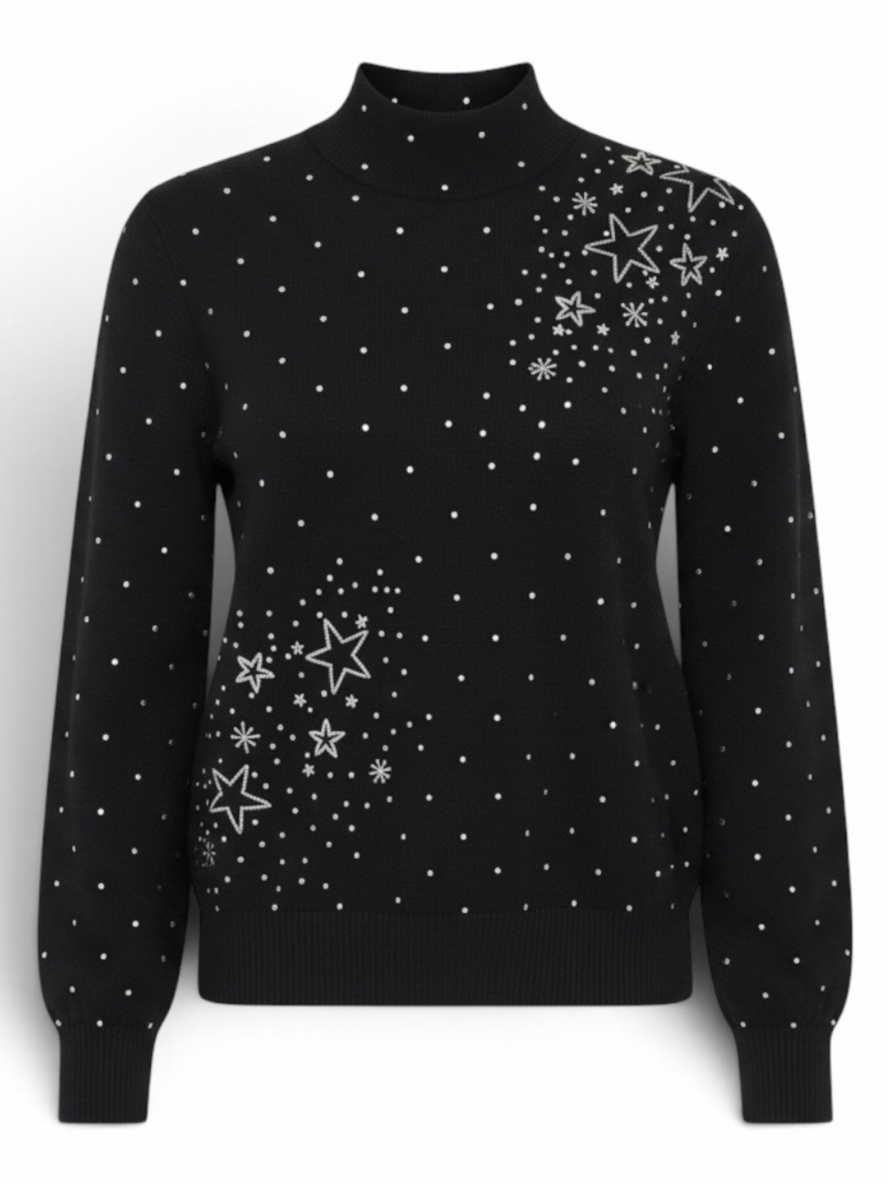 St. John Evening Black Silver Crystal & Stud Starburst Long Sleeve Knit Sweater